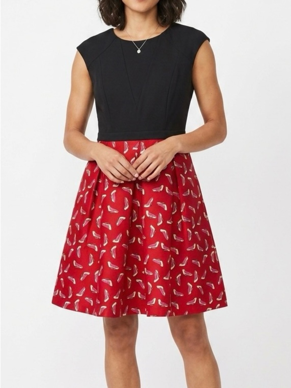 Louche ModCloth Red Black Shoe Print Brocade Pleated A-Line Dress Retro Preppy 8